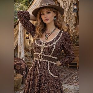 Vintage 1970’s- calico brown floral, long sleeve, midi Gunne style prairie dress